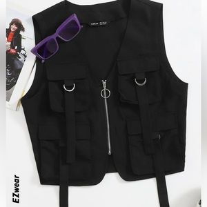Zip Up Flap Pocket Patched Front Vest Jacket